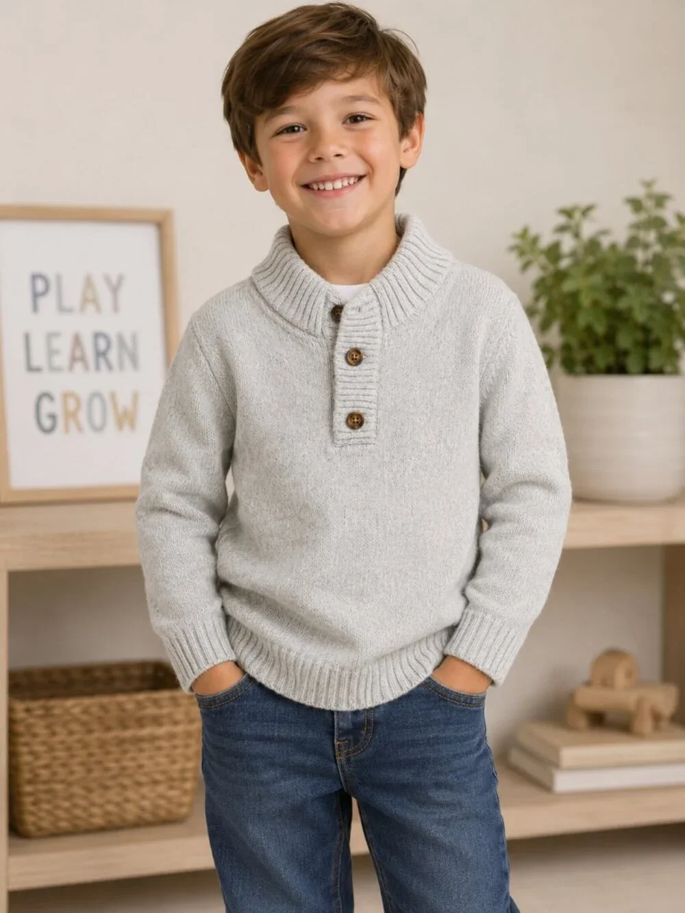 Carter’s Boys Size 6/6A Gray Knit Mock Neck Button Pullover Sweater
